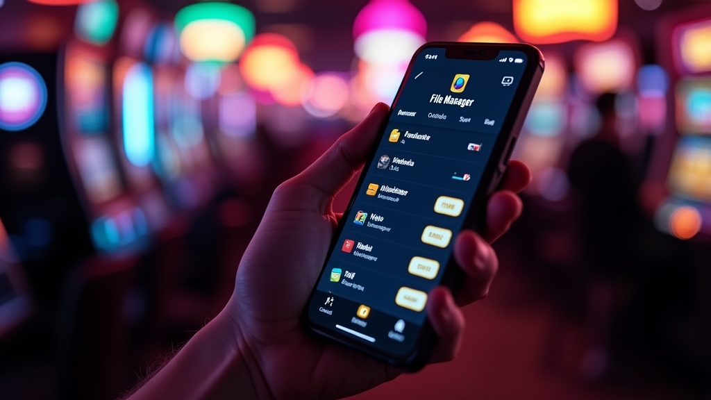 Usuario descargando un APK en el móvil con luces de casino de fondo