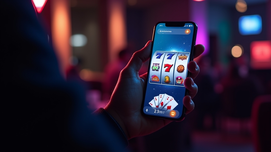Pantalla de app de casino en móvil con ambiente oscuro y elegante