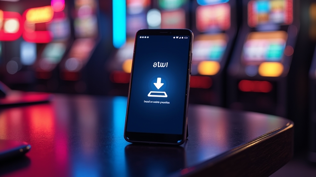 Teléfono Android con pantalla de instalación APK en un ambiente de casino oscuro